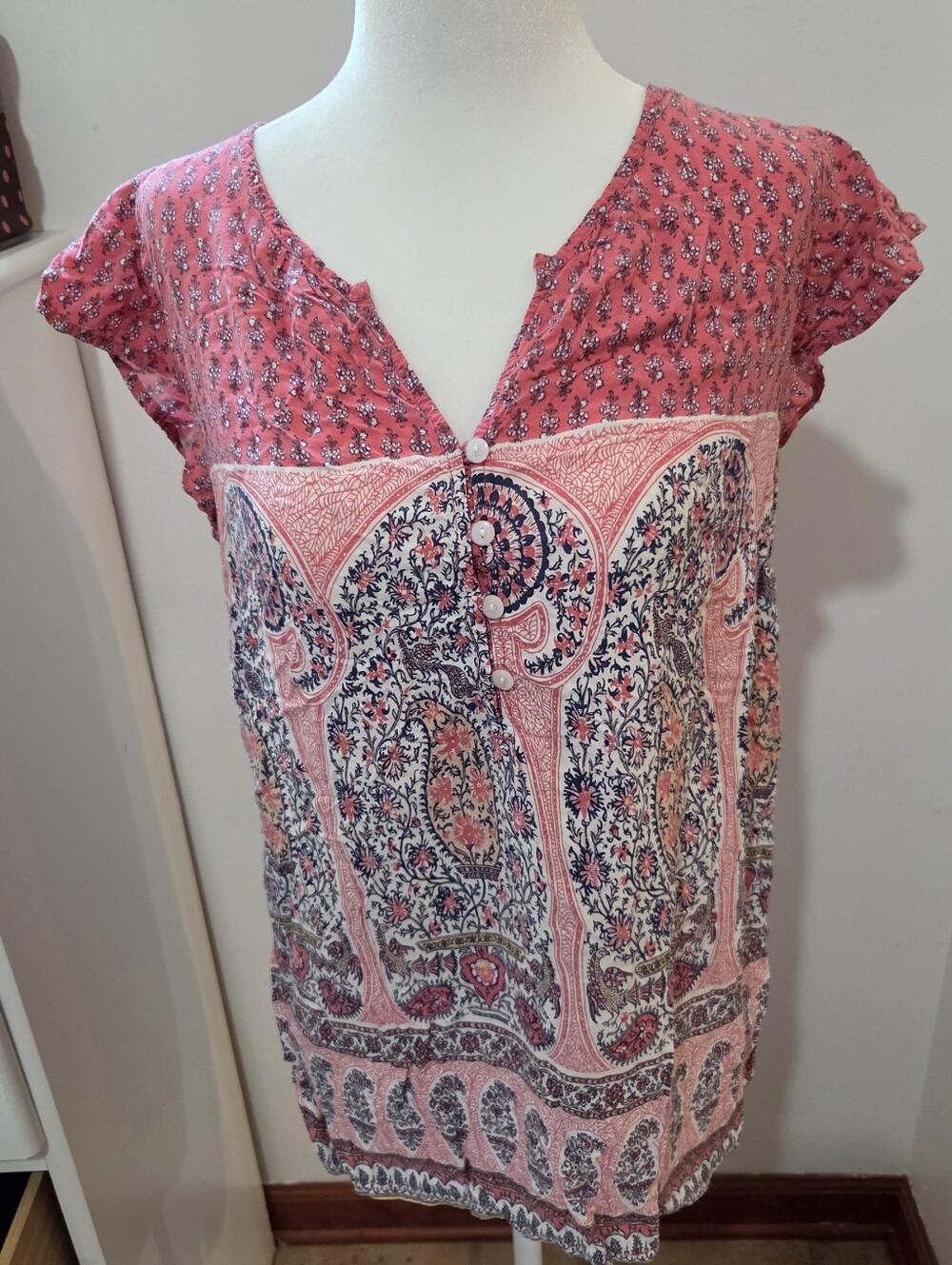 Liz Claiborne Paisley Boho Hippie Casual Short Sleeve Button Front Blouse | M